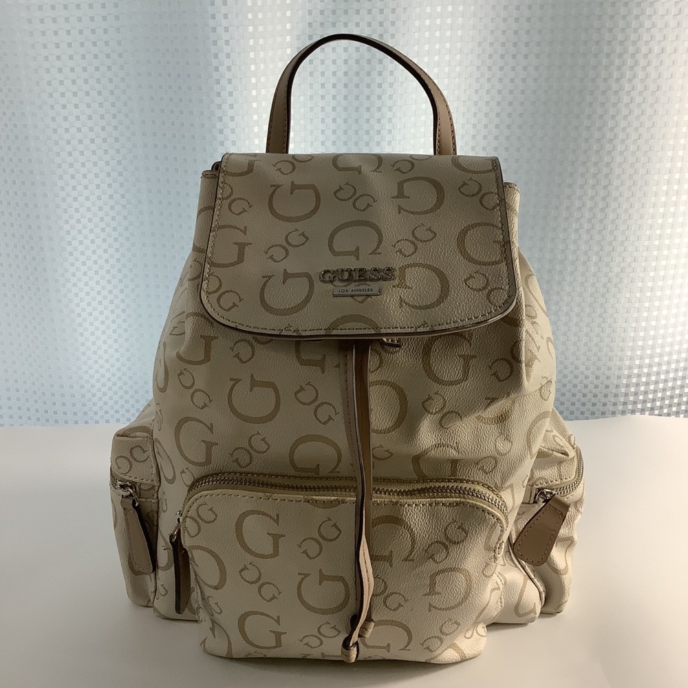Guess HH889431 Beige Logo Monogram Backpack Flap Drawstring Front Zip Pockets
